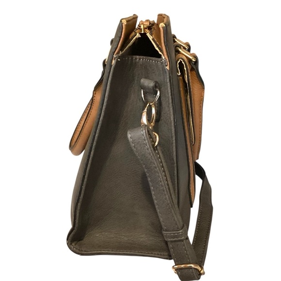 Dasein Vegan Leather Tote Satchel Handbag Colorblock Briefcase Dark Gray & Tan - Picture 6 of 16